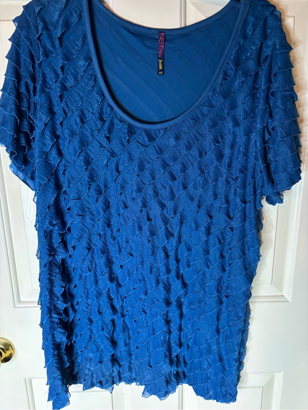 Women’s Short Sleeve Blouse Bright Blue Ruffled Scoop Neck Size 3X Like New